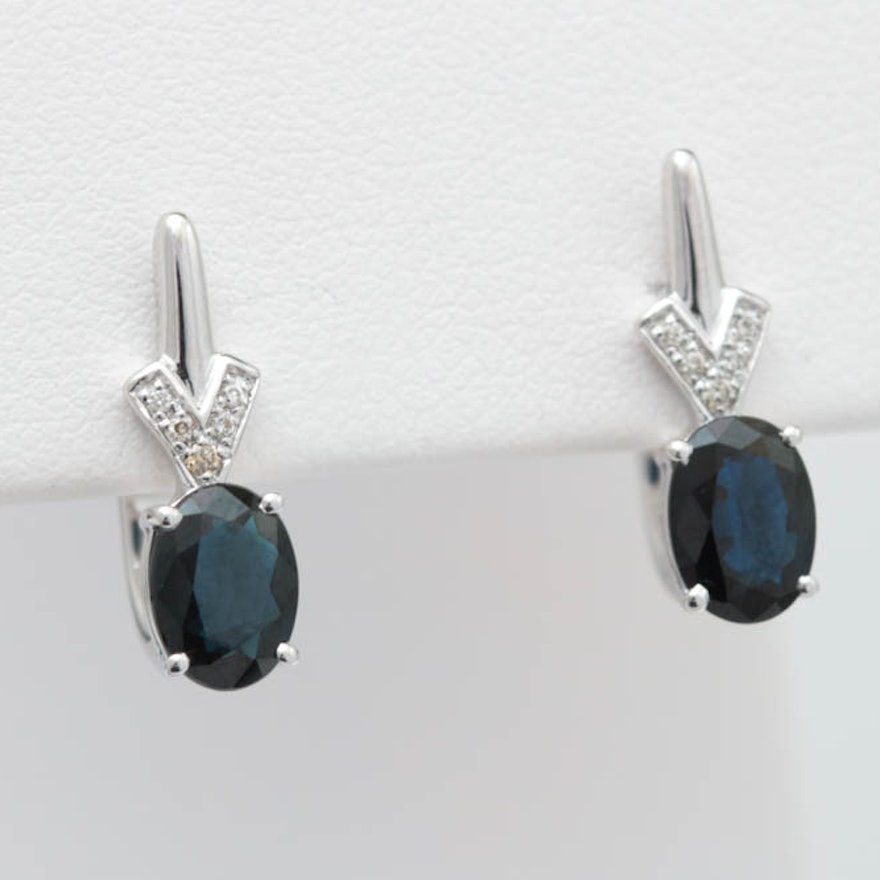 1.90 CTW Blue Sapphire, Diamond and 14K White Gold Earrings