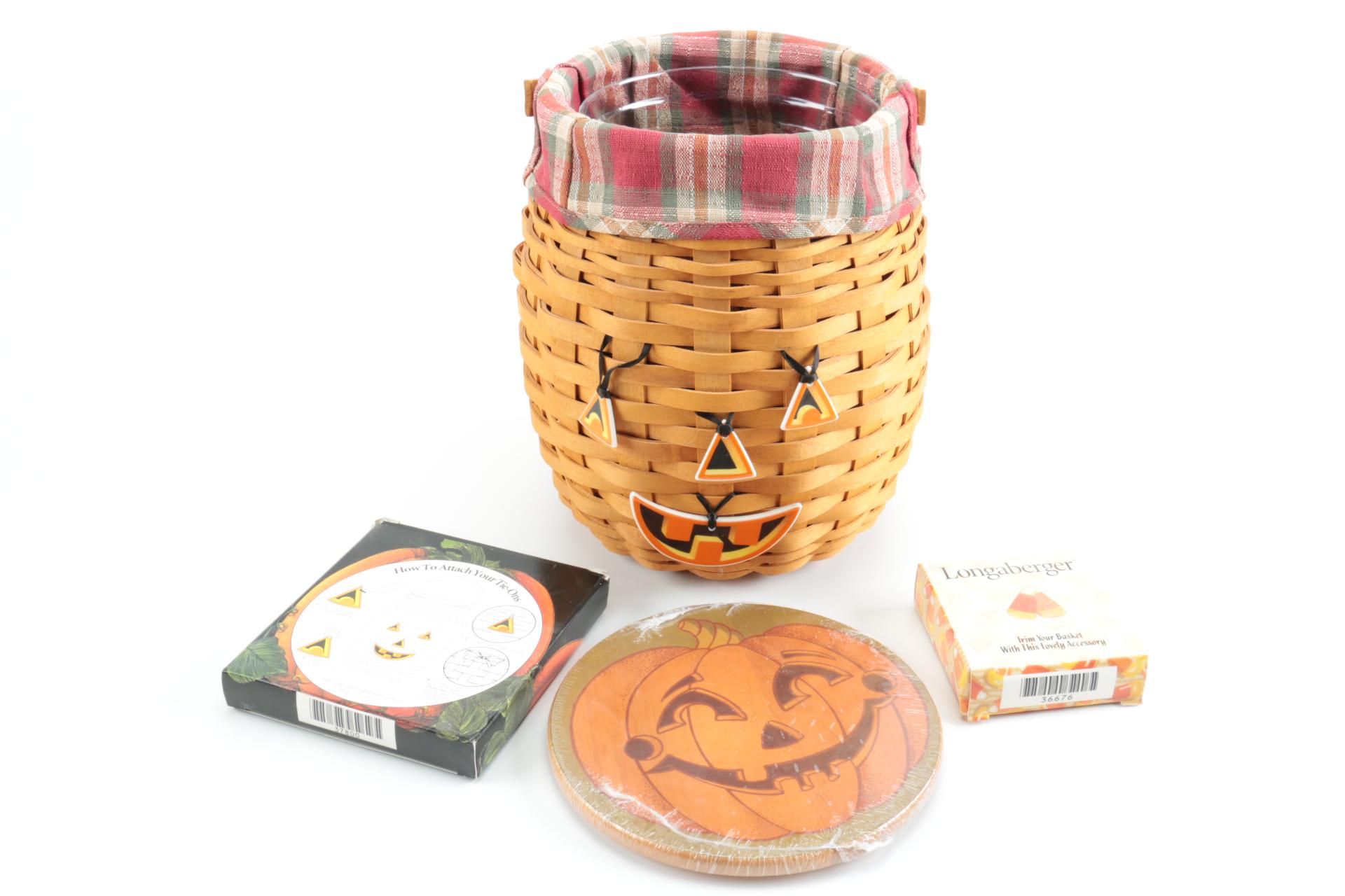 Large Group of Halloween Longaberger Baskets, Pottery, and Accessories