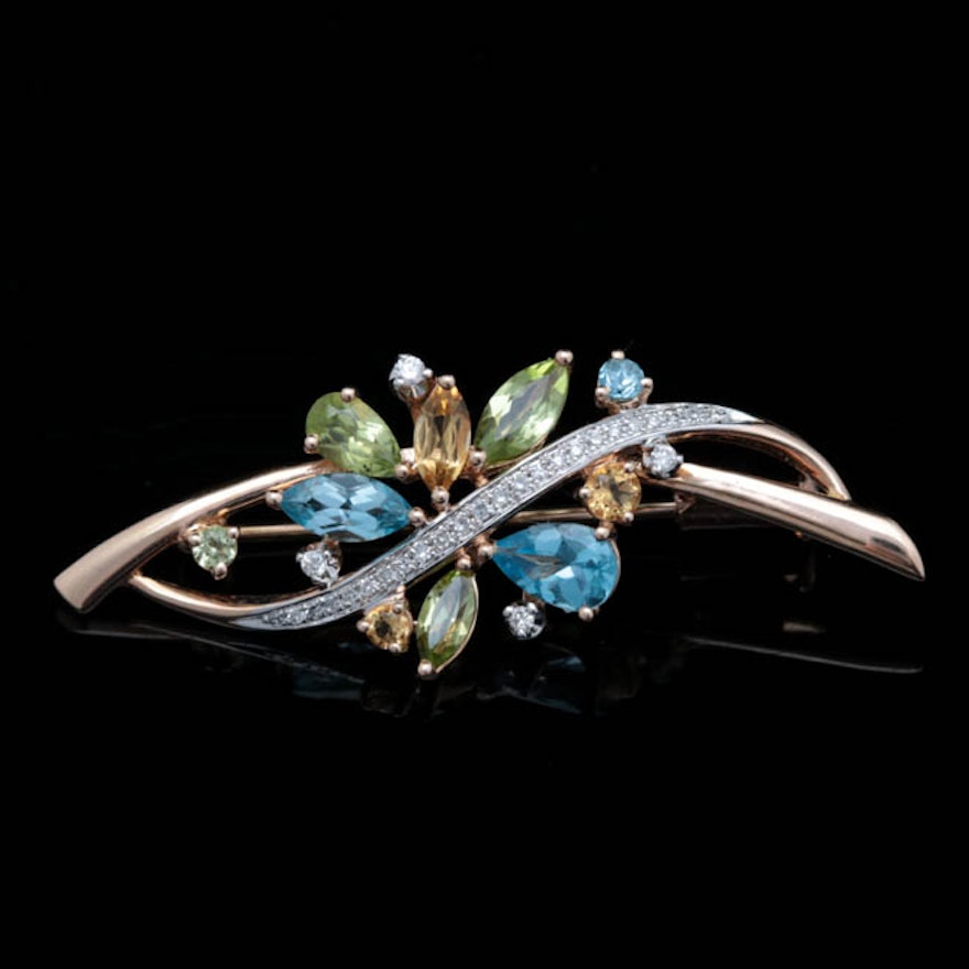 1.67 CTW Multi Semi-Precious Gemstone, Diamond and 14K Rose Gold Brooch