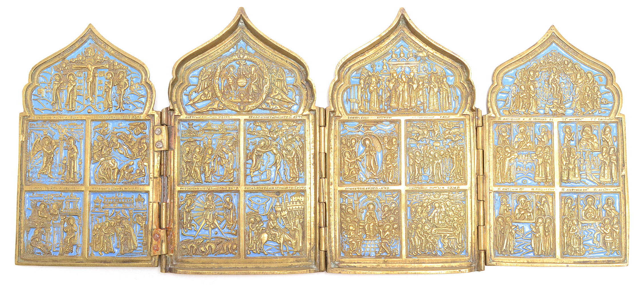 19th Century Russian Orthodox Enameled Brass Quadriptych Icon