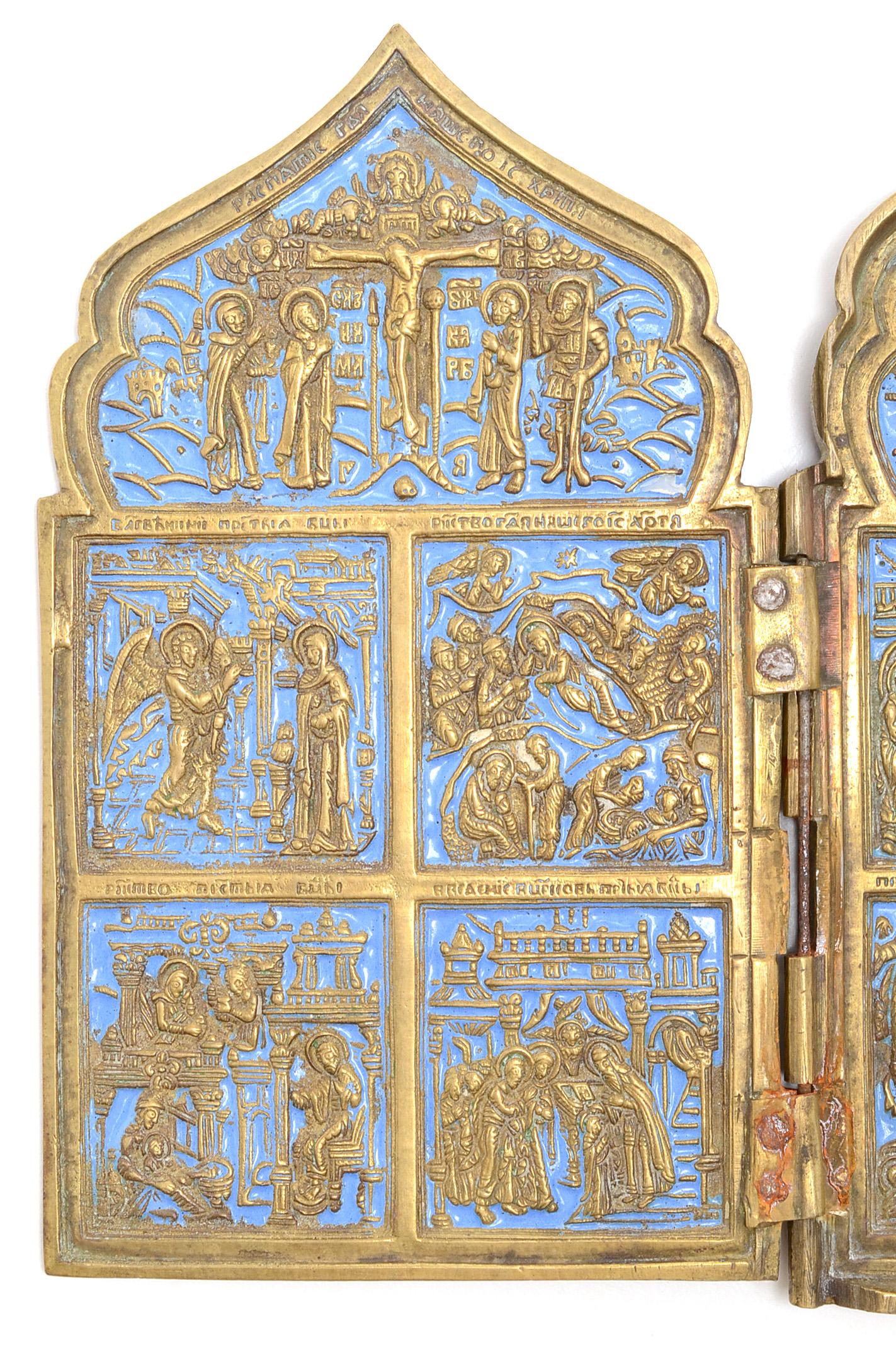 19th Century Russian Orthodox Enameled Brass Quadriptych Icon