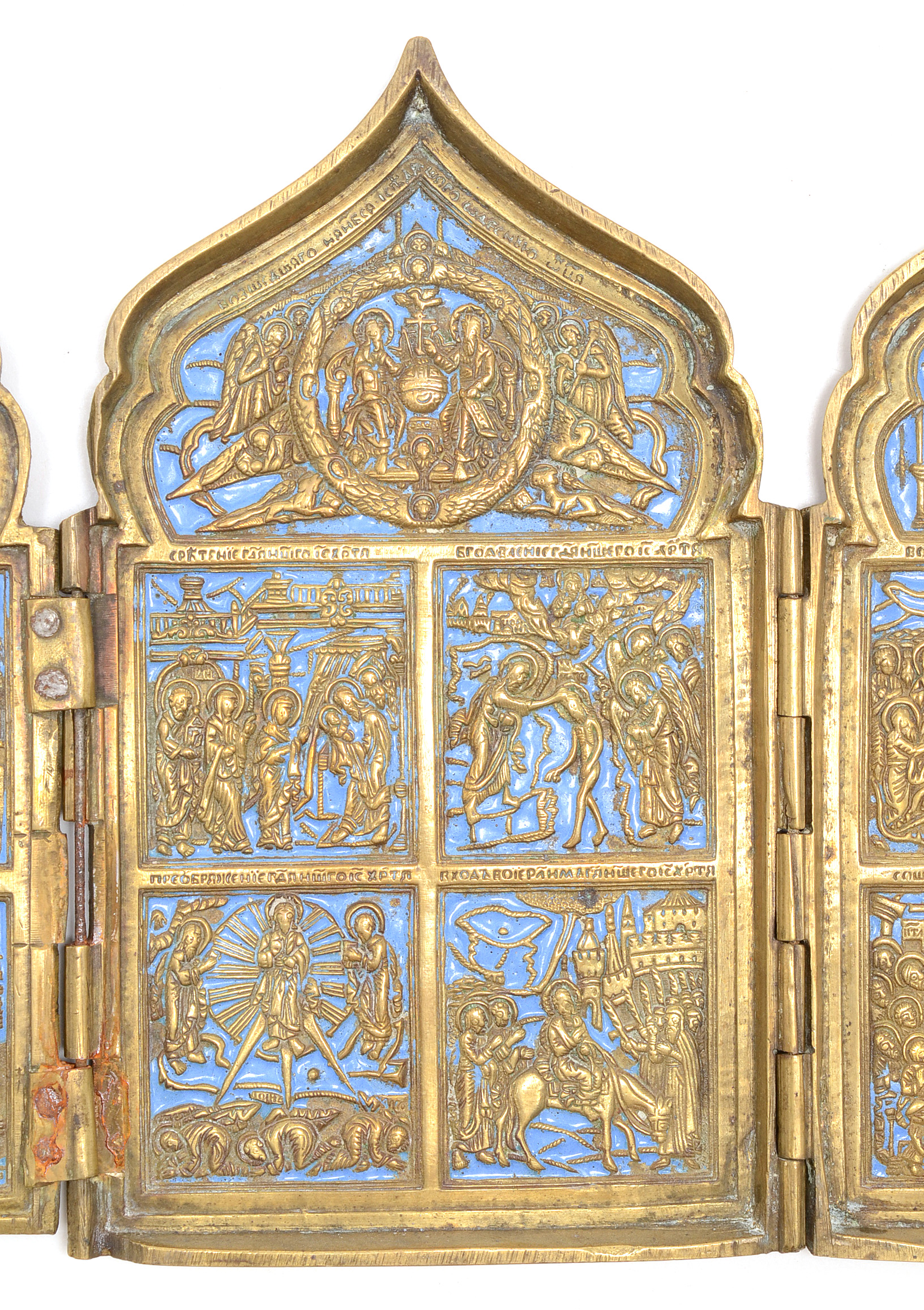 19th Century Russian Orthodox Enameled Brass Quadriptych Icon