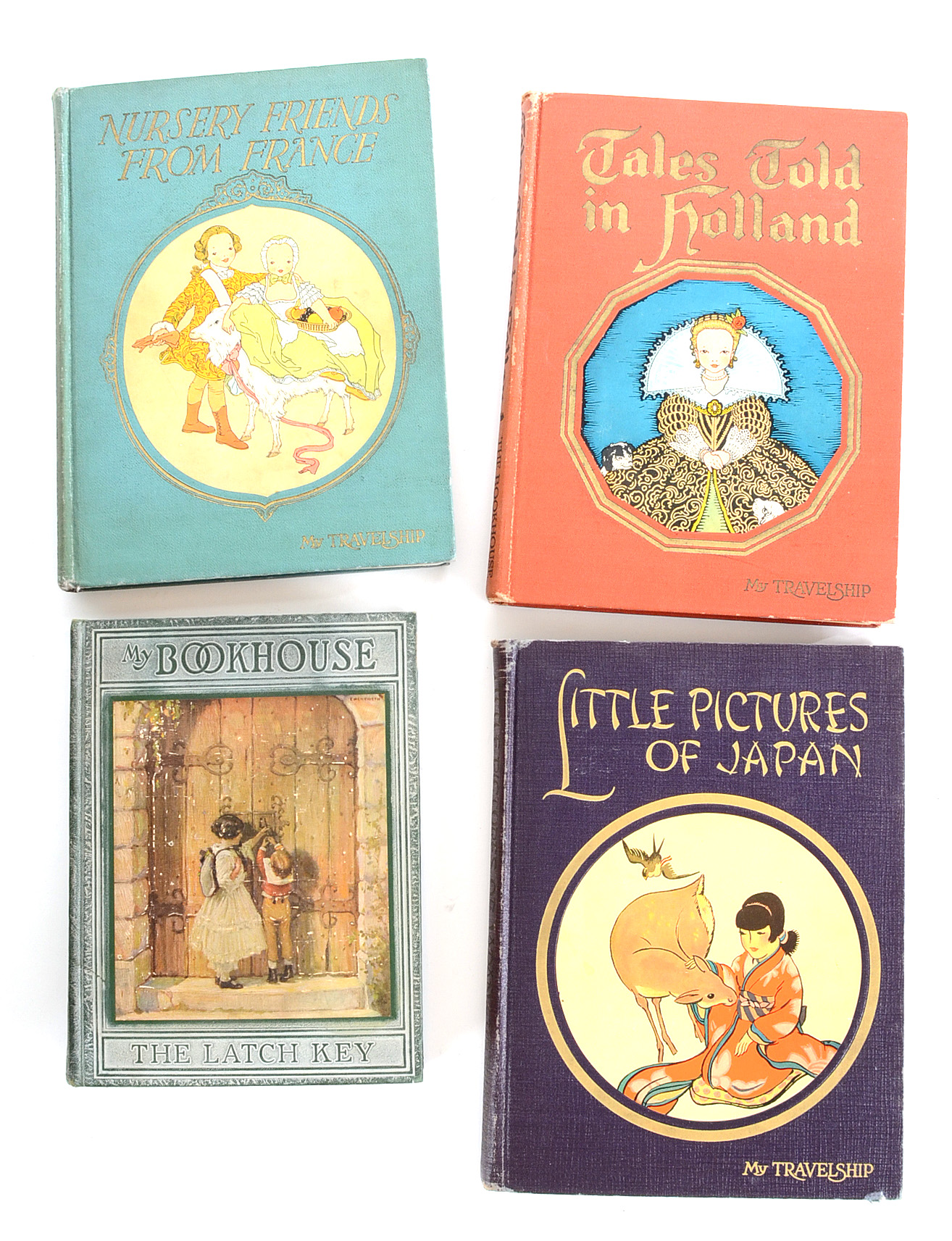 Early "My Bookhouse" and "My Travelship" Set with Wooden House Display