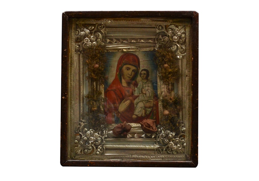 Madonna and Child Icon Inside Wooden Display Case