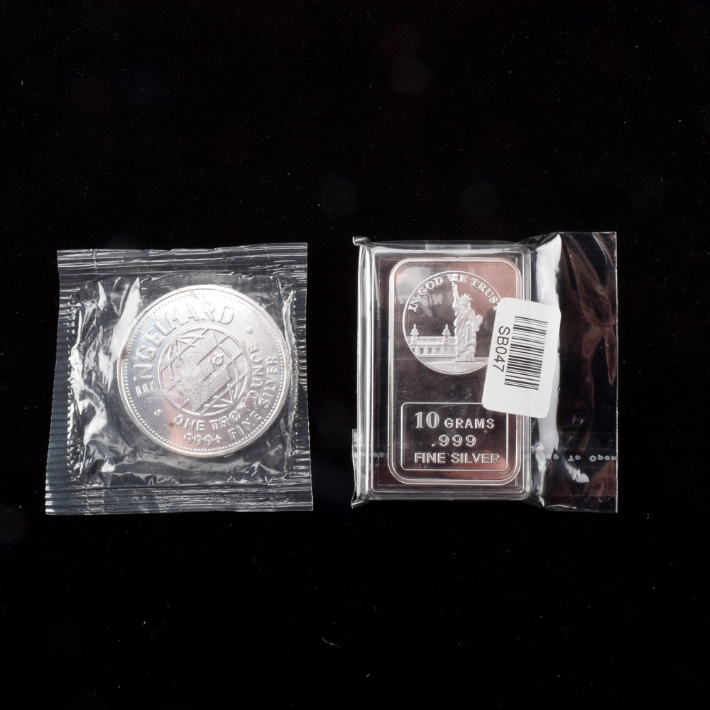 1982 Engelhard "American Prospector" Silver Coin and 10 Gram Bar of .999 Silver