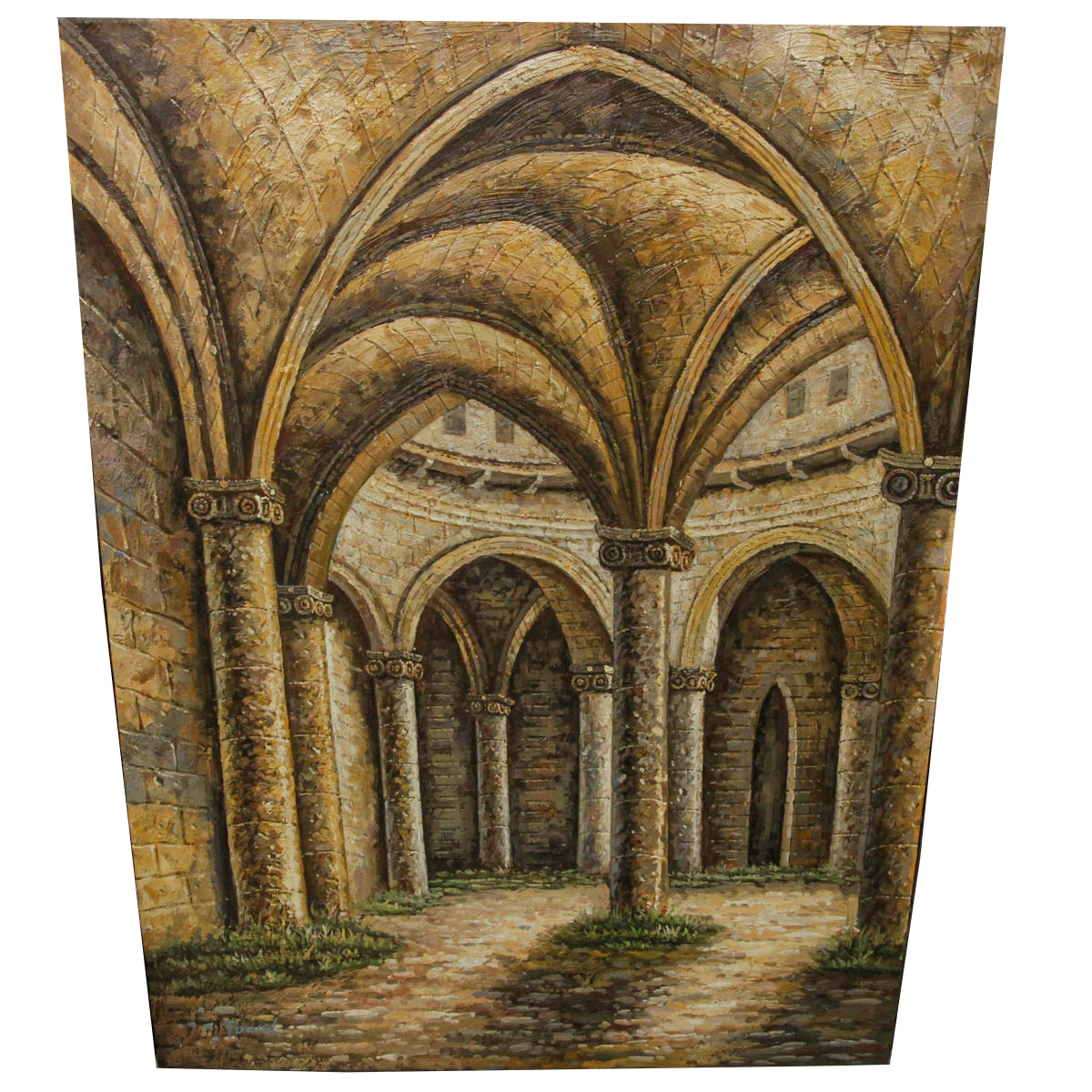 Original Gothic Courtyard Oil Painting on Canvas