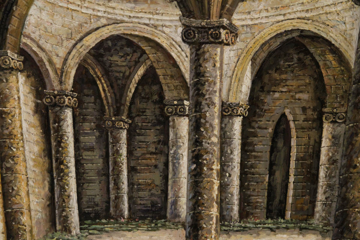 Original Gothic Courtyard Oil Painting on Canvas
