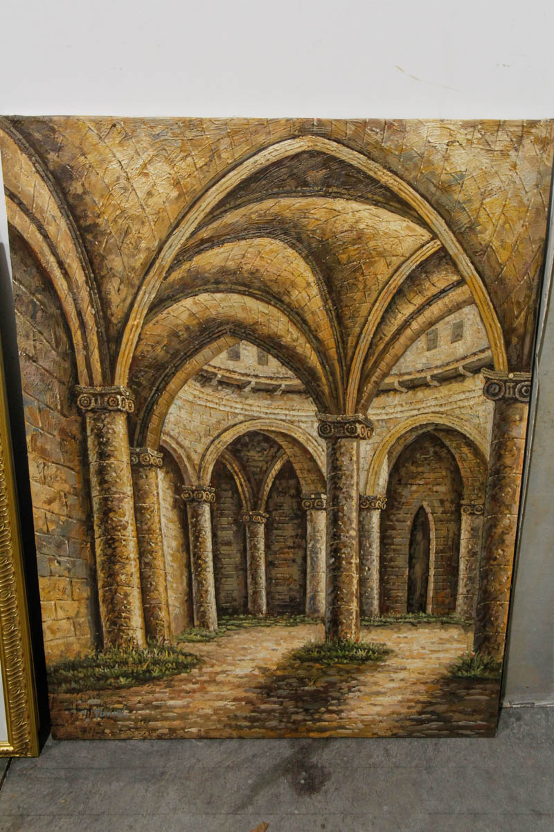 Original Gothic Courtyard Oil Painting on Canvas