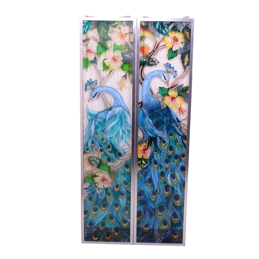Decorative Peacock Adorned Painted Glass Panels