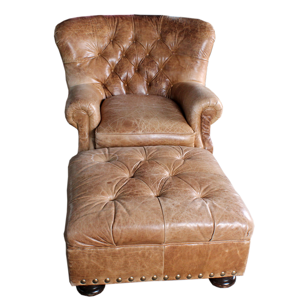 Tufted Brown Leather Armchair and Ottoman