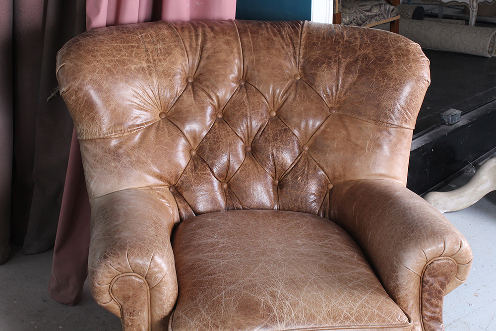 Tufted Brown Leather Armchair and Ottoman