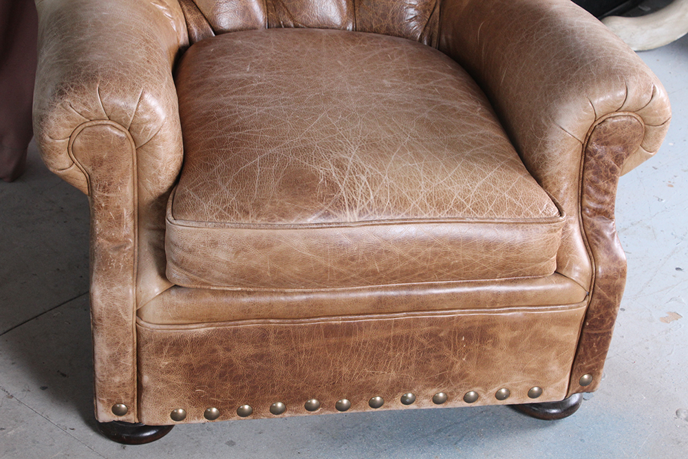 Tufted Brown Leather Armchair and Ottoman
