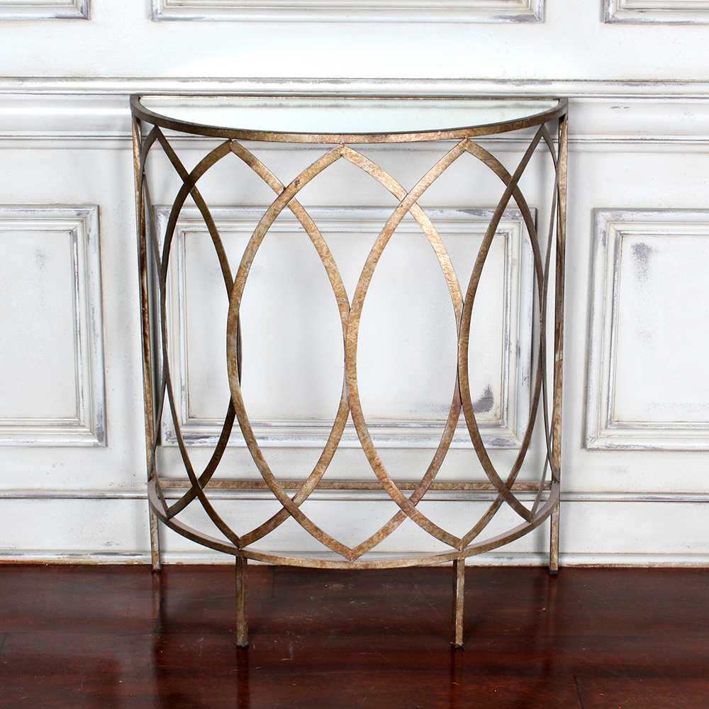 Hollywood Regency Style Mirror Topped Demi-Lune Foyer Table