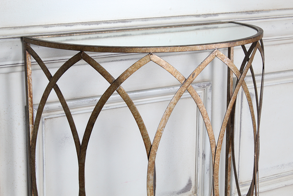 Hollywood Regency Style Mirror Topped Demi-Lune Foyer Table