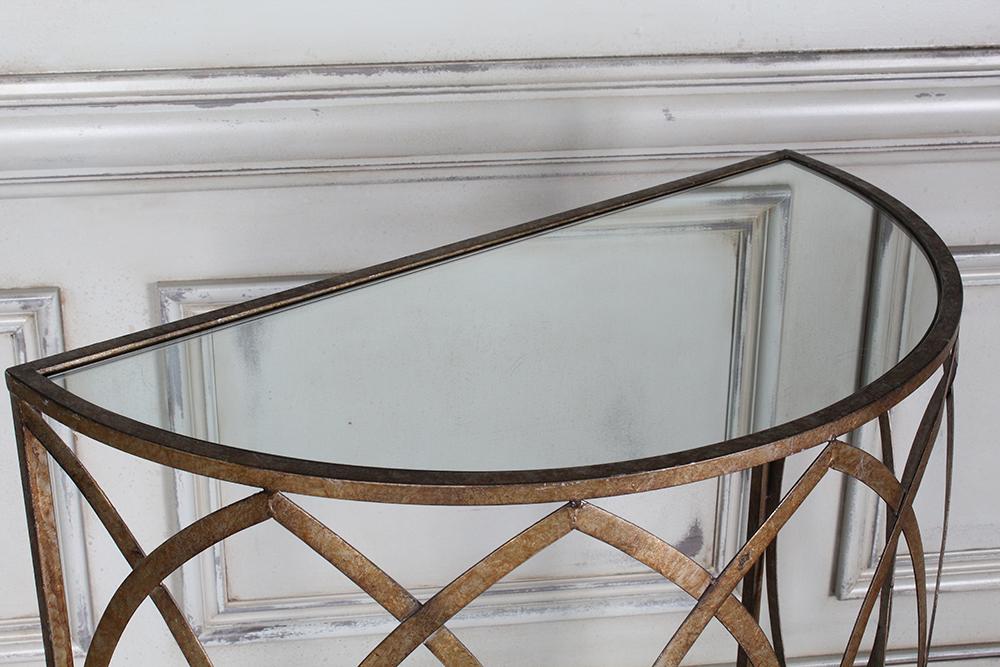 Hollywood Regency Style Mirror Topped Demi-Lune Foyer Table