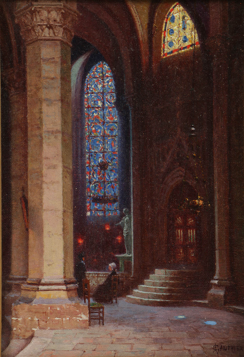 A. Gauthier Oil Painting on Canvas Cathedral Interior