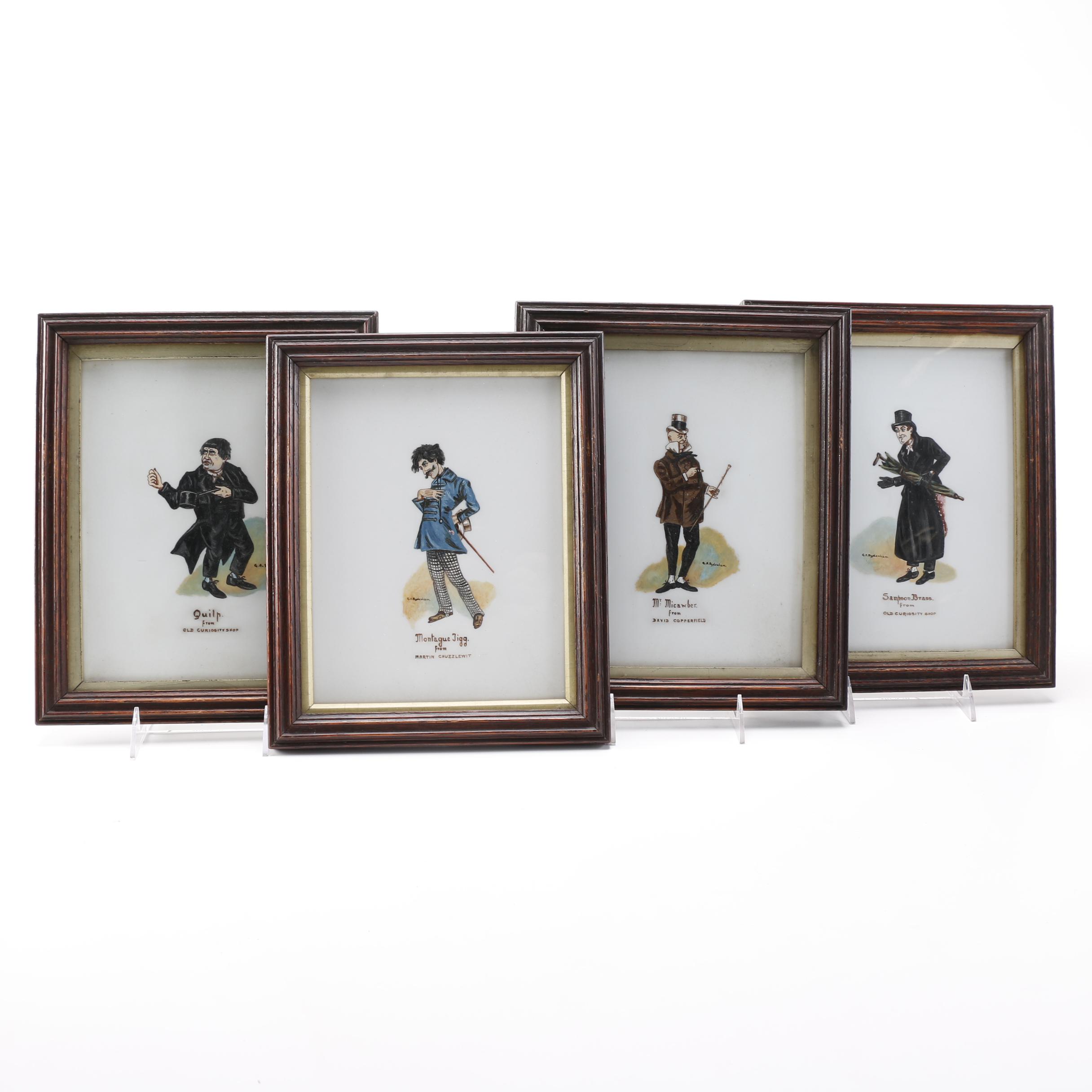 G.A. Sydenham Oil on Milk Glass of Charles Dickens Characters