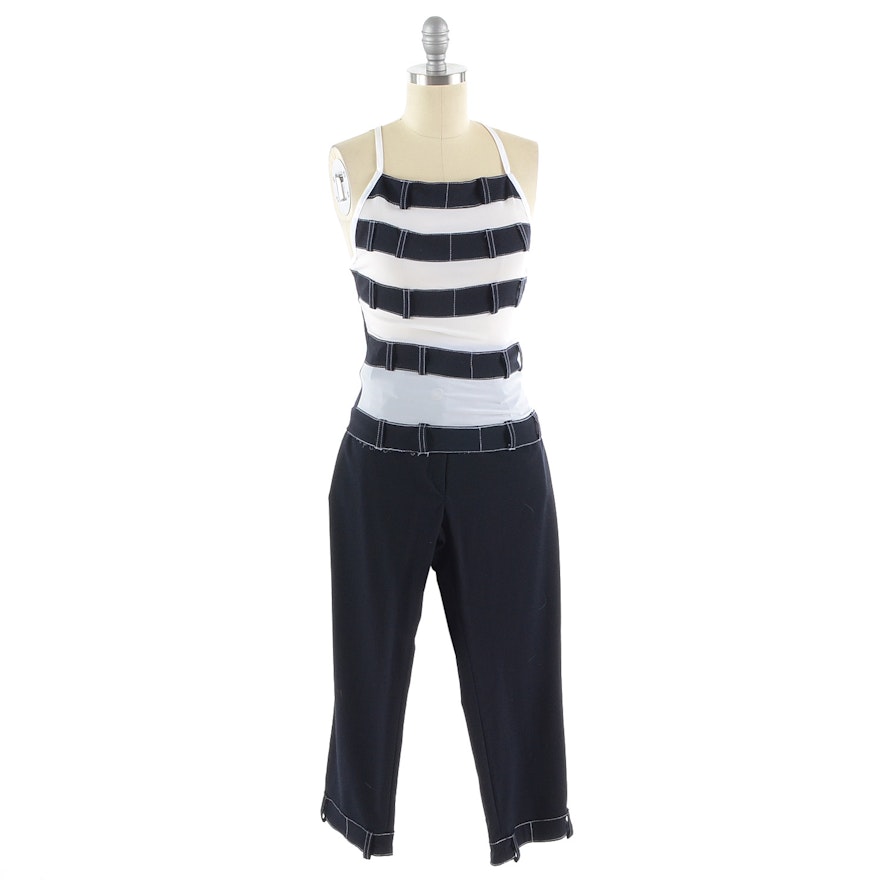 JIKI Jeans Sleeveless Top and Crop Pants in Navy Blue and White