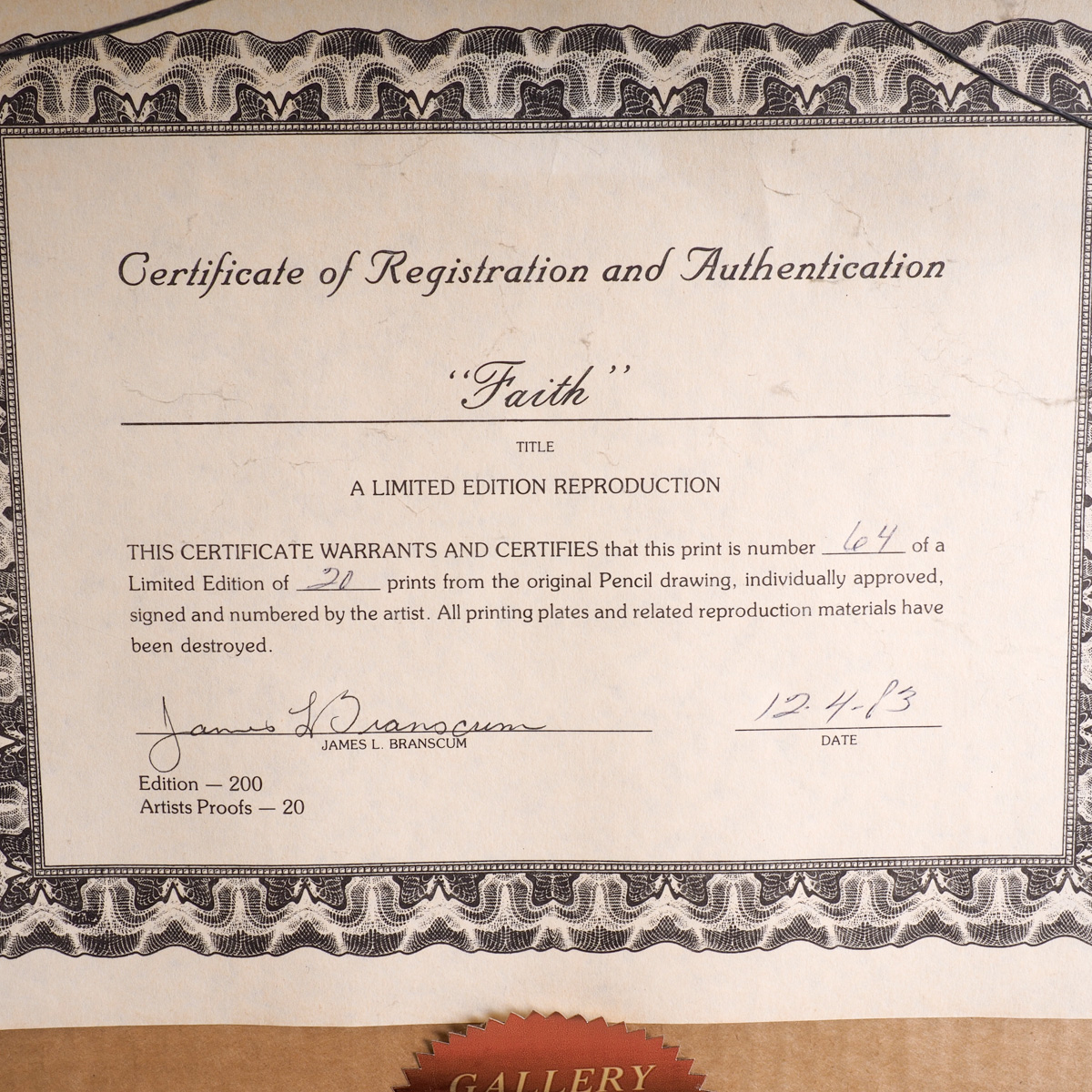 1982 James L. Branscum Limited Edition Print "Faith"