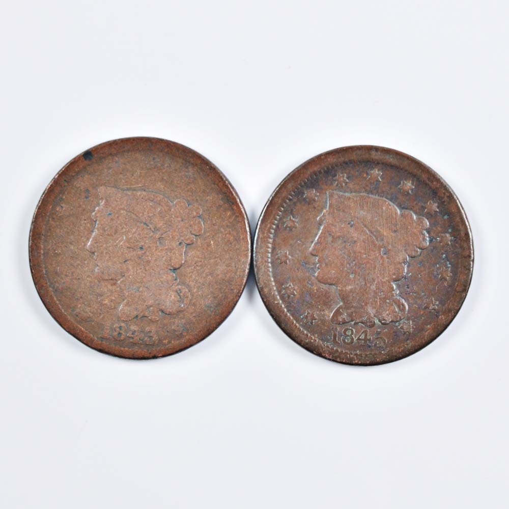 Pair of Braided Hair Liberty Large Cent Coins from 1843 and 1845