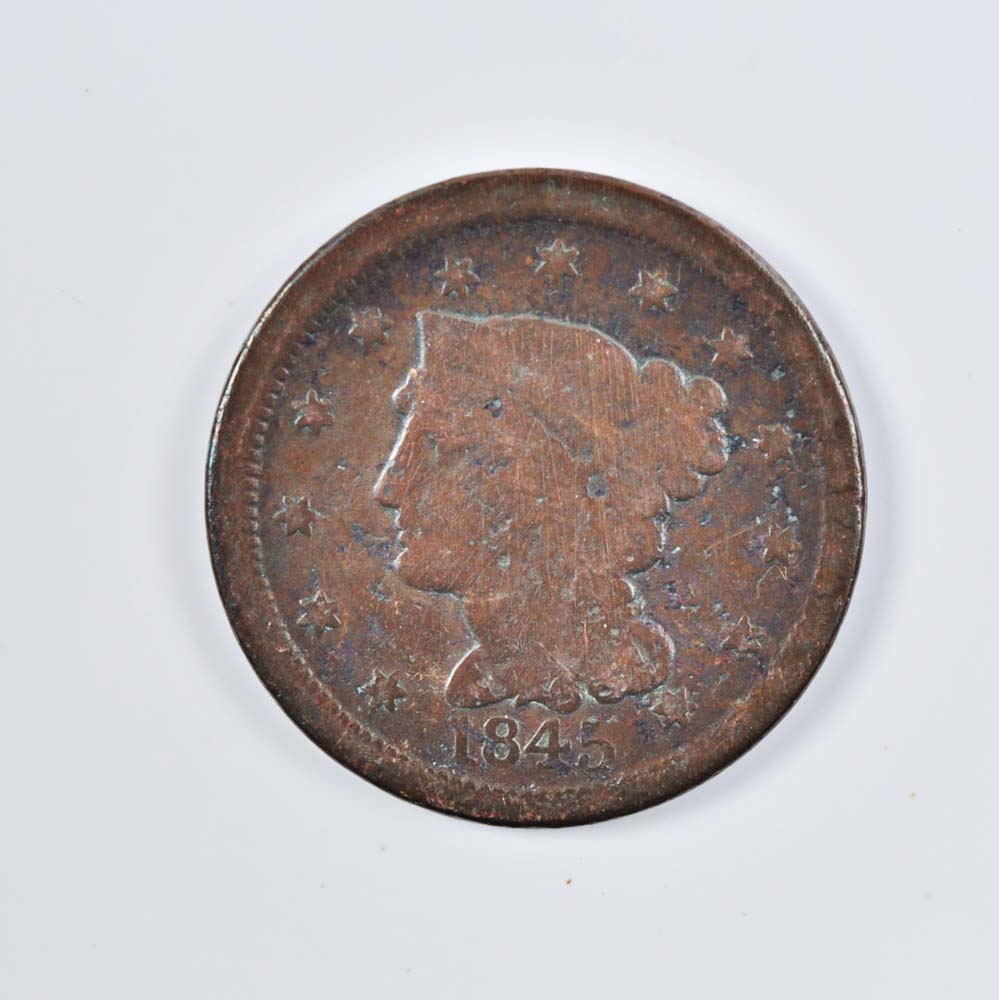 Pair of Braided Hair Liberty Large Cent Coins from 1843 and 1845