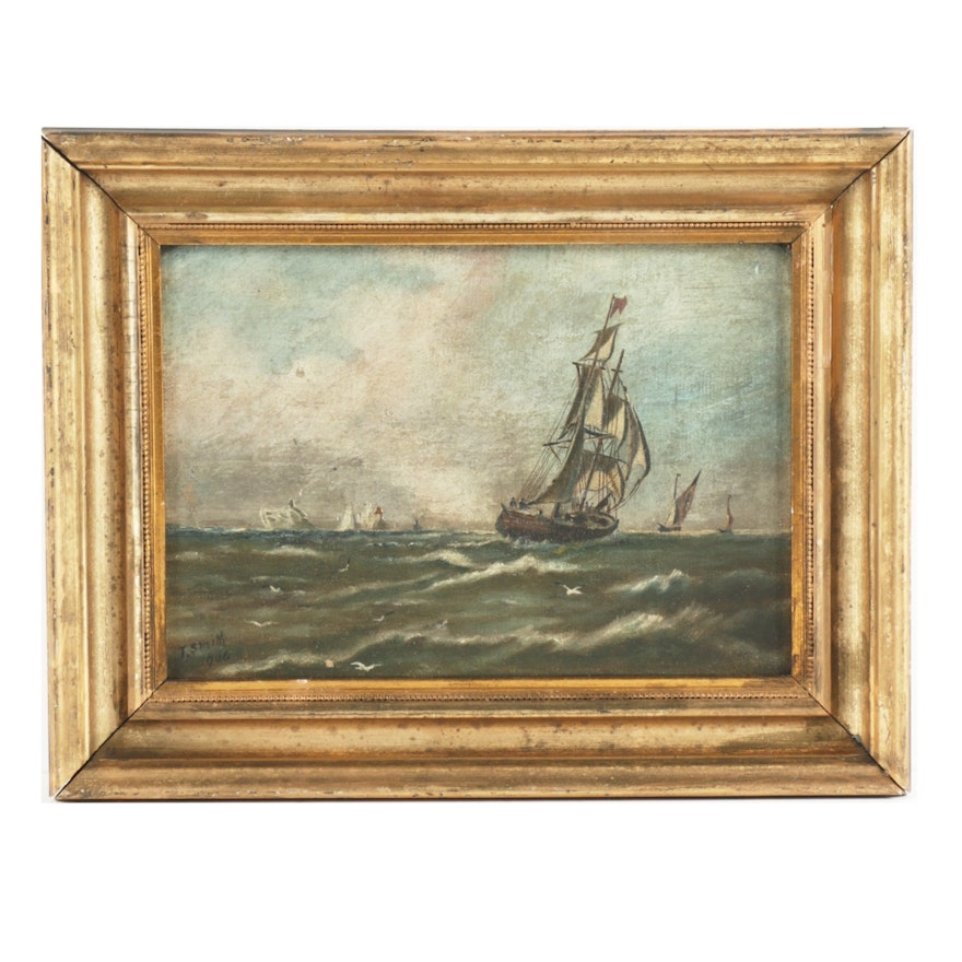 Circa 1906 Maritime Painting on Stretched Canvas Signed T. Smith