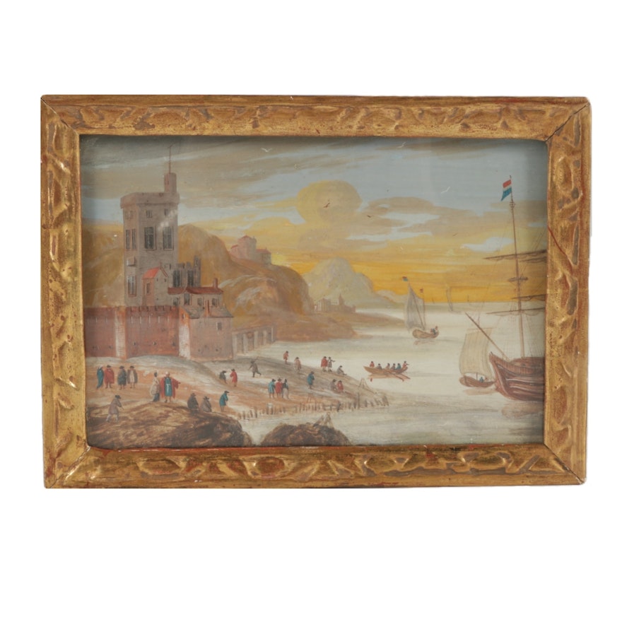 19th Centur Century Original Gouache Harbor Painting in Gold Fame