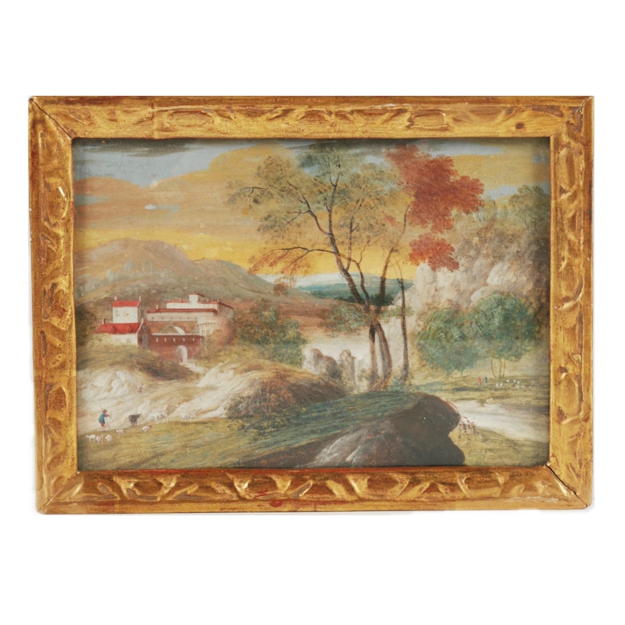 Original 19th Century Gouache Landscape Painting, Framed
