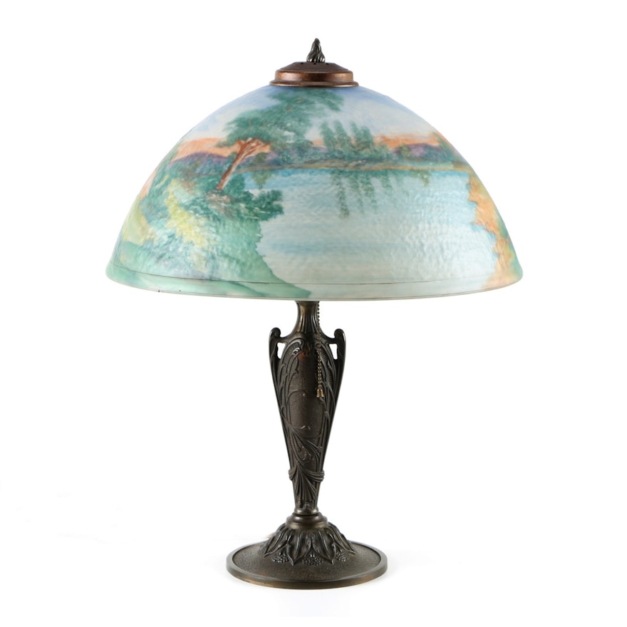 Art Nouveau Table Lamp with Reverse Painted Glass Shade