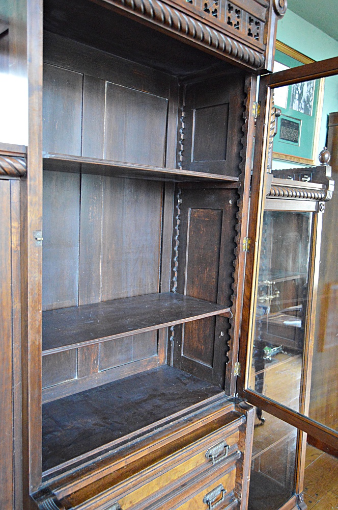 Victorian Eastlake Walnut Triple Bookcase Cabinet