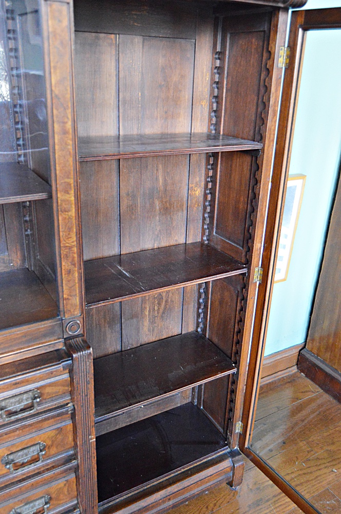Victorian Eastlake Walnut Triple Bookcase Cabinet