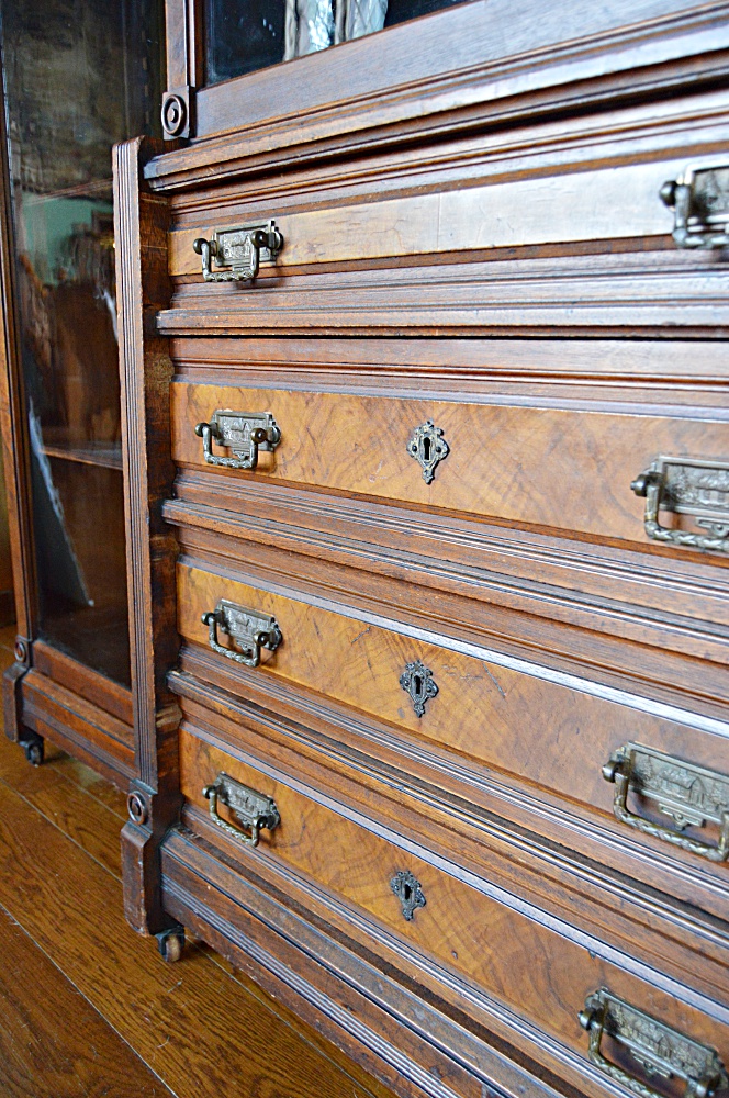 Victorian Eastlake Walnut Triple Bookcase Cabinet