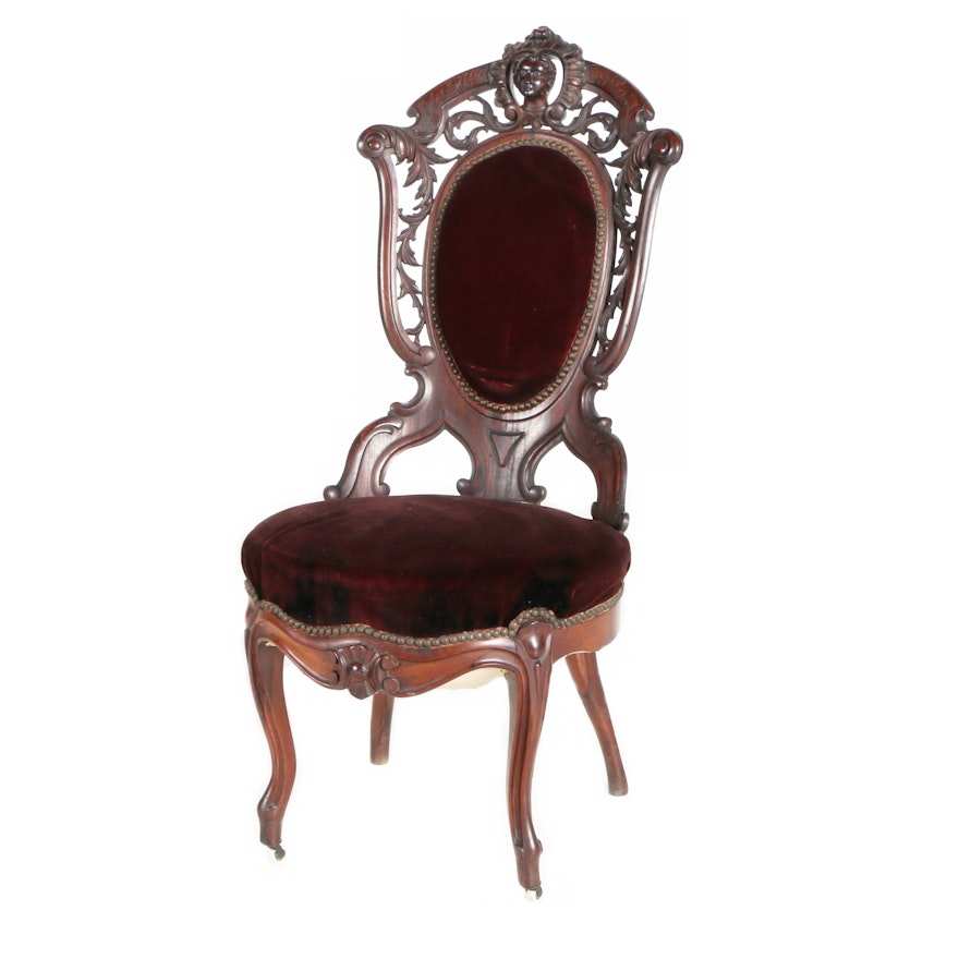 Victorian Carved Rosewood Parlor Chair in Style of John Jelliff
