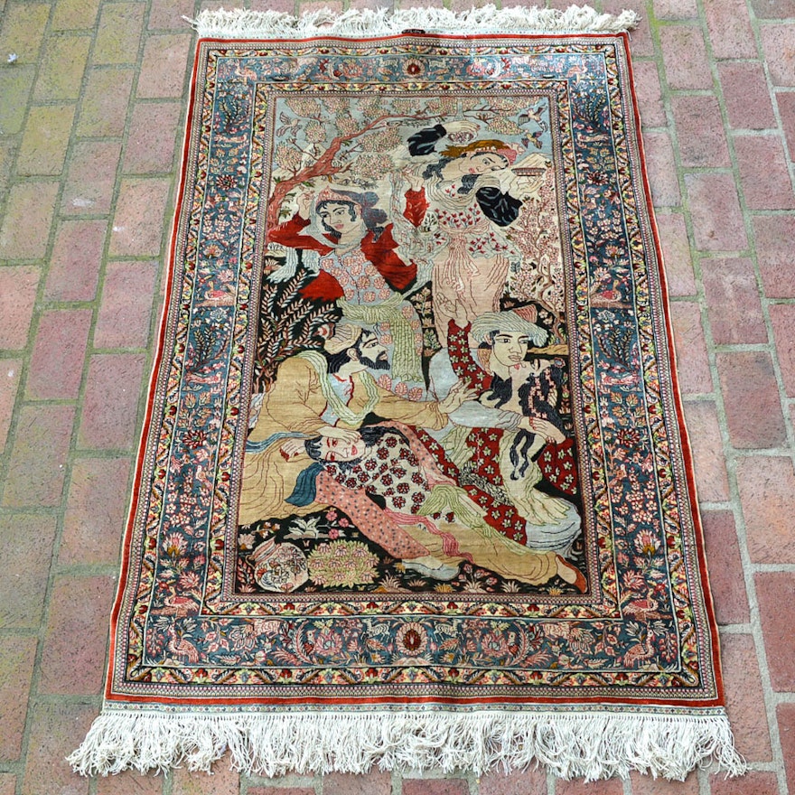 Signed Handwoven Chinese Pictorial Silk Area Rug