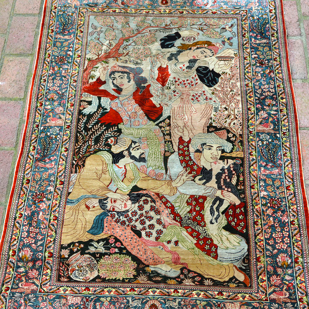 Signed Handwoven Chinese Pictorial Silk Area Rug
