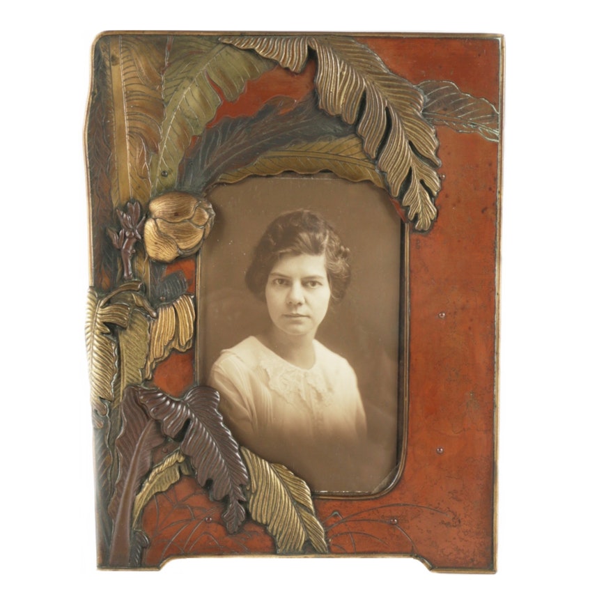 Art Nouveau Copper and Brass Photograph Frame with Portrait