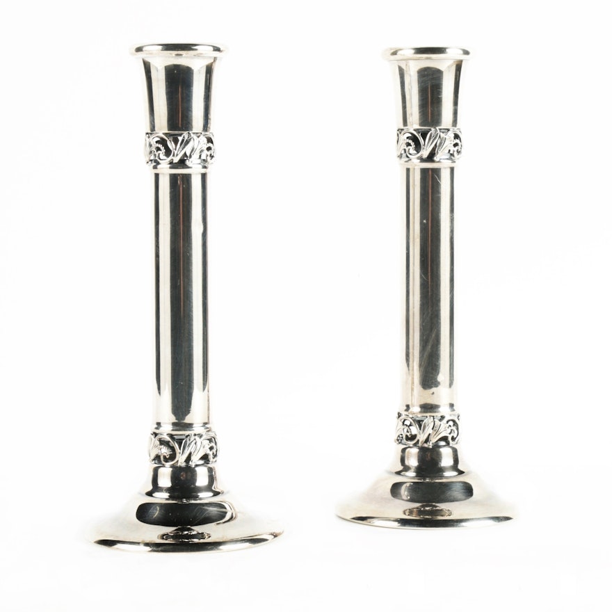 Pair of Sterling Silver Candlesticks with Pierced Floral Bands
