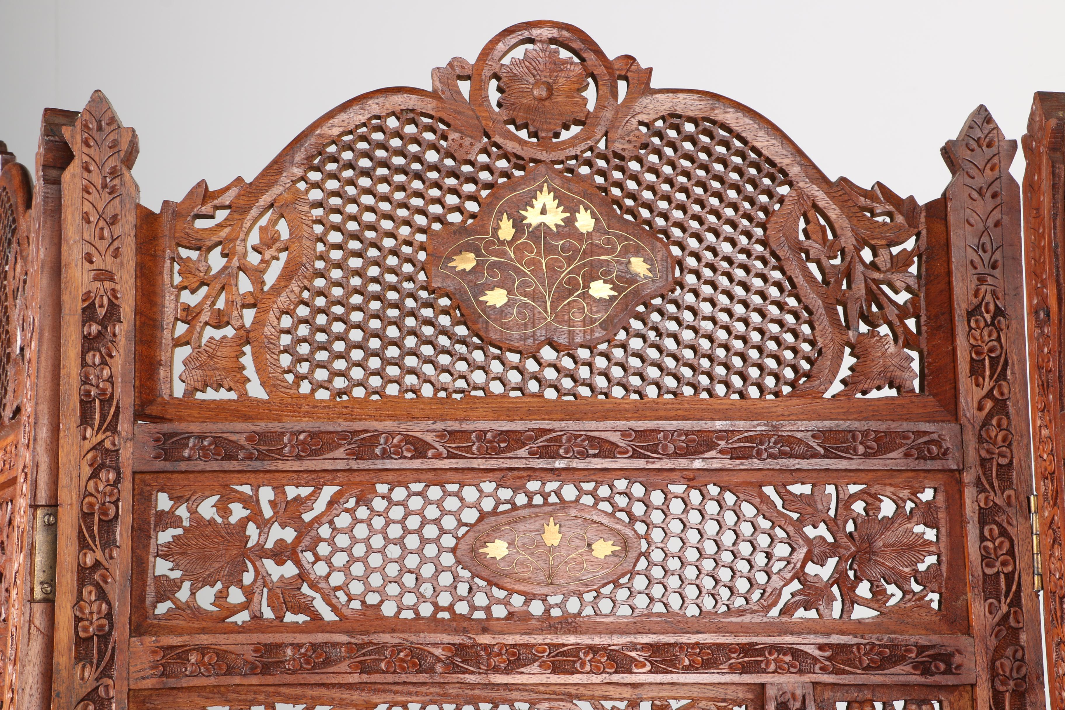 Teak Wood Folding Screen With Inlaid Bone Designs