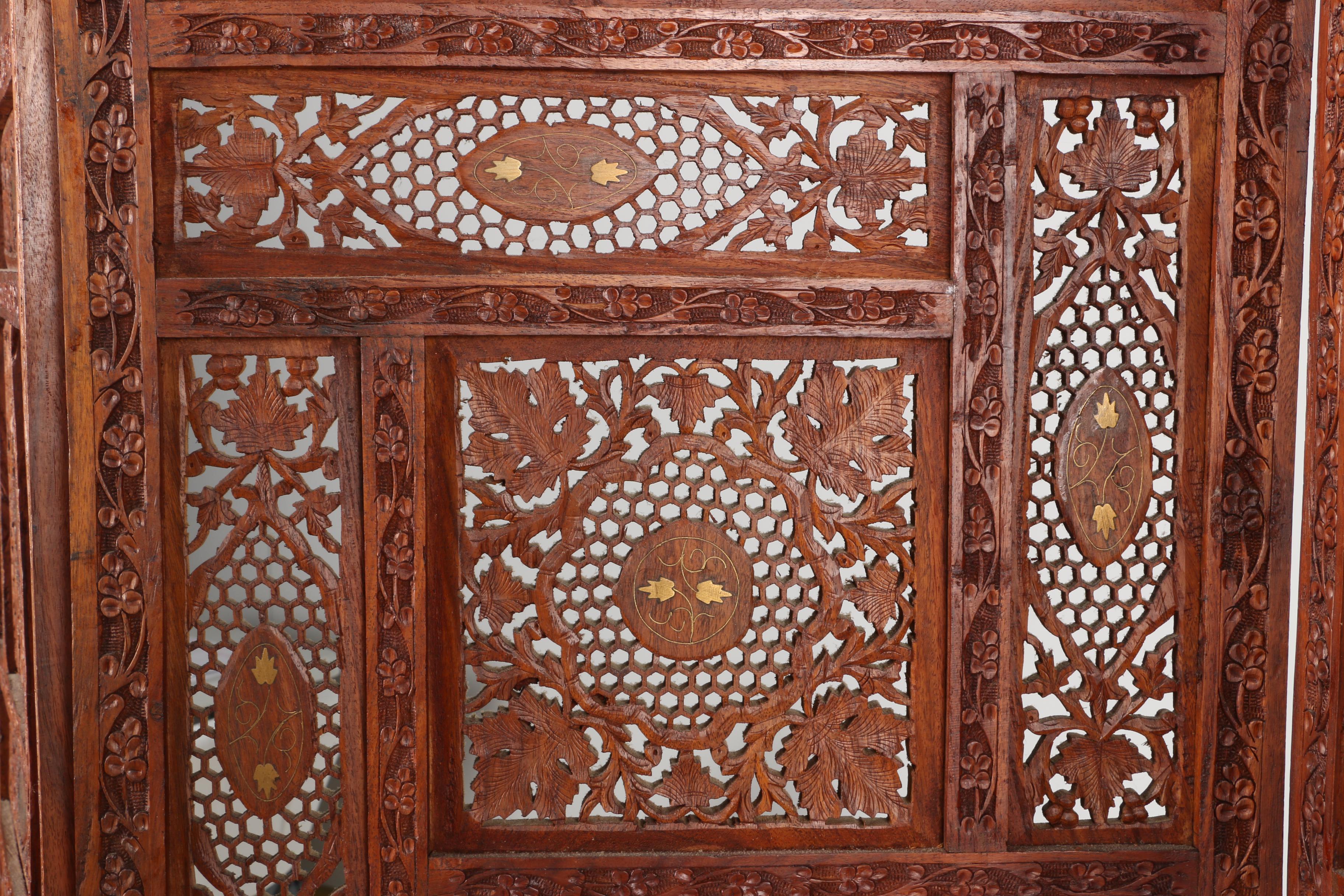 Teak Wood Folding Screen With Inlaid Bone Designs