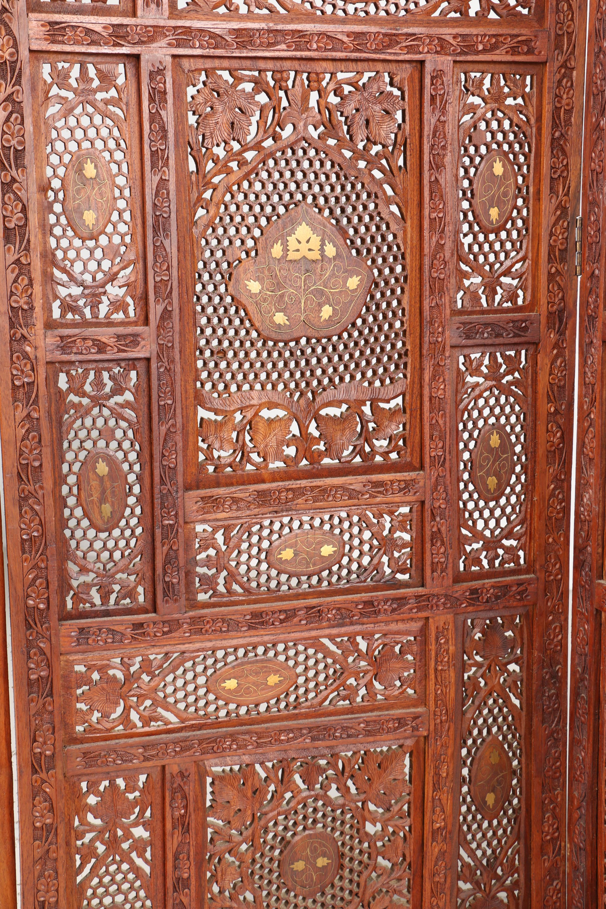 Teak Wood Folding Screen With Inlaid Bone Designs