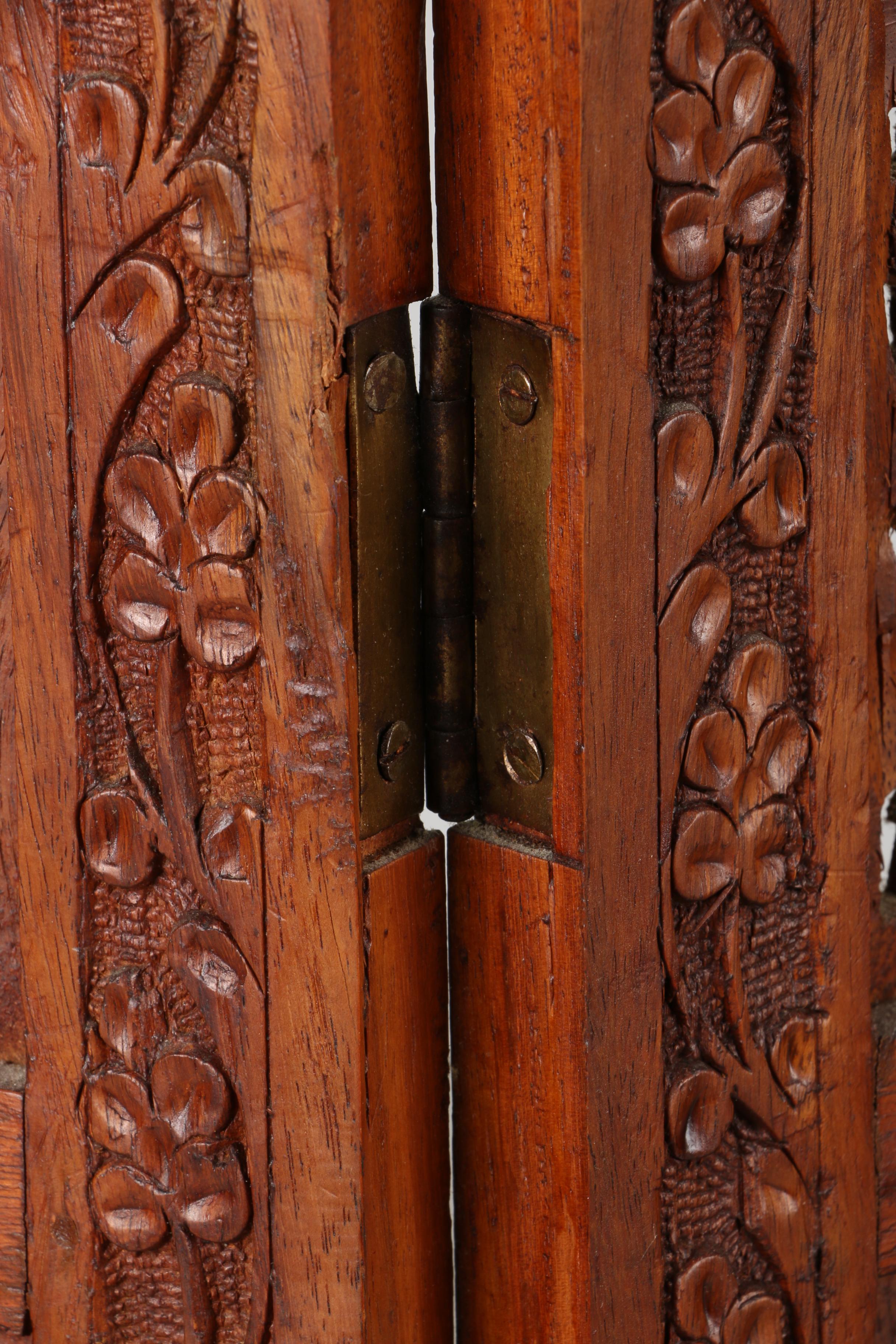 Teak Wood Folding Screen With Inlaid Bone Designs