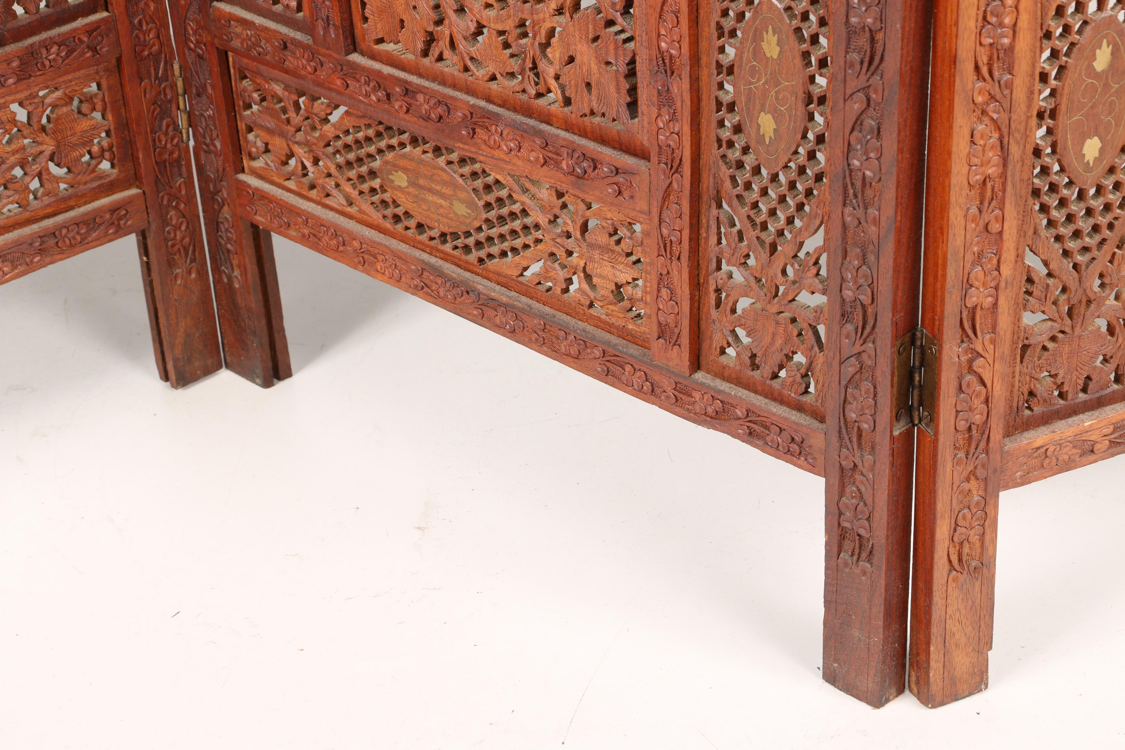 Teak Wood Folding Screen With Inlaid Bone Designs