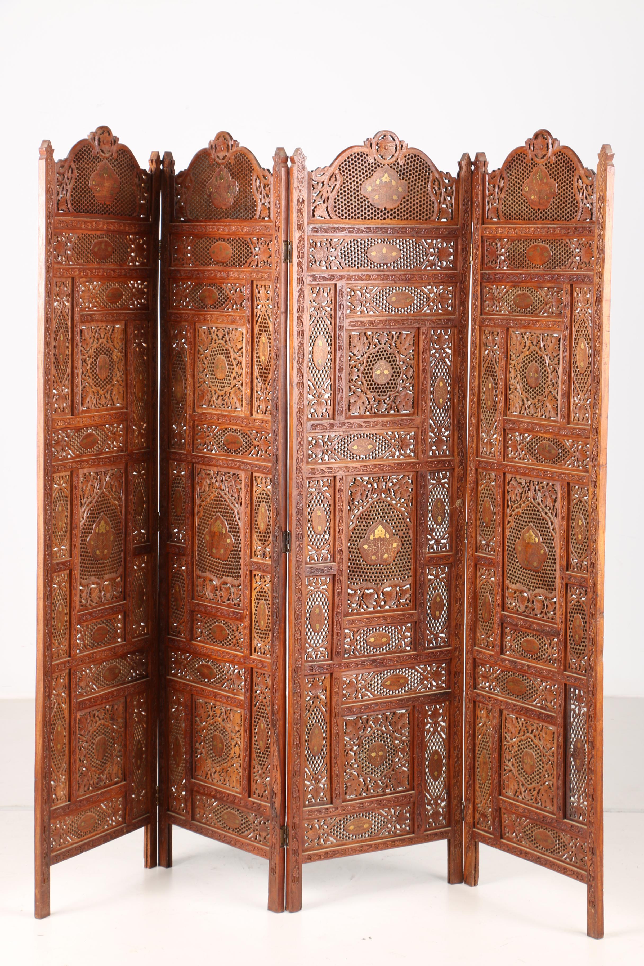 Teak Wood Folding Screen With Inlaid Bone Designs