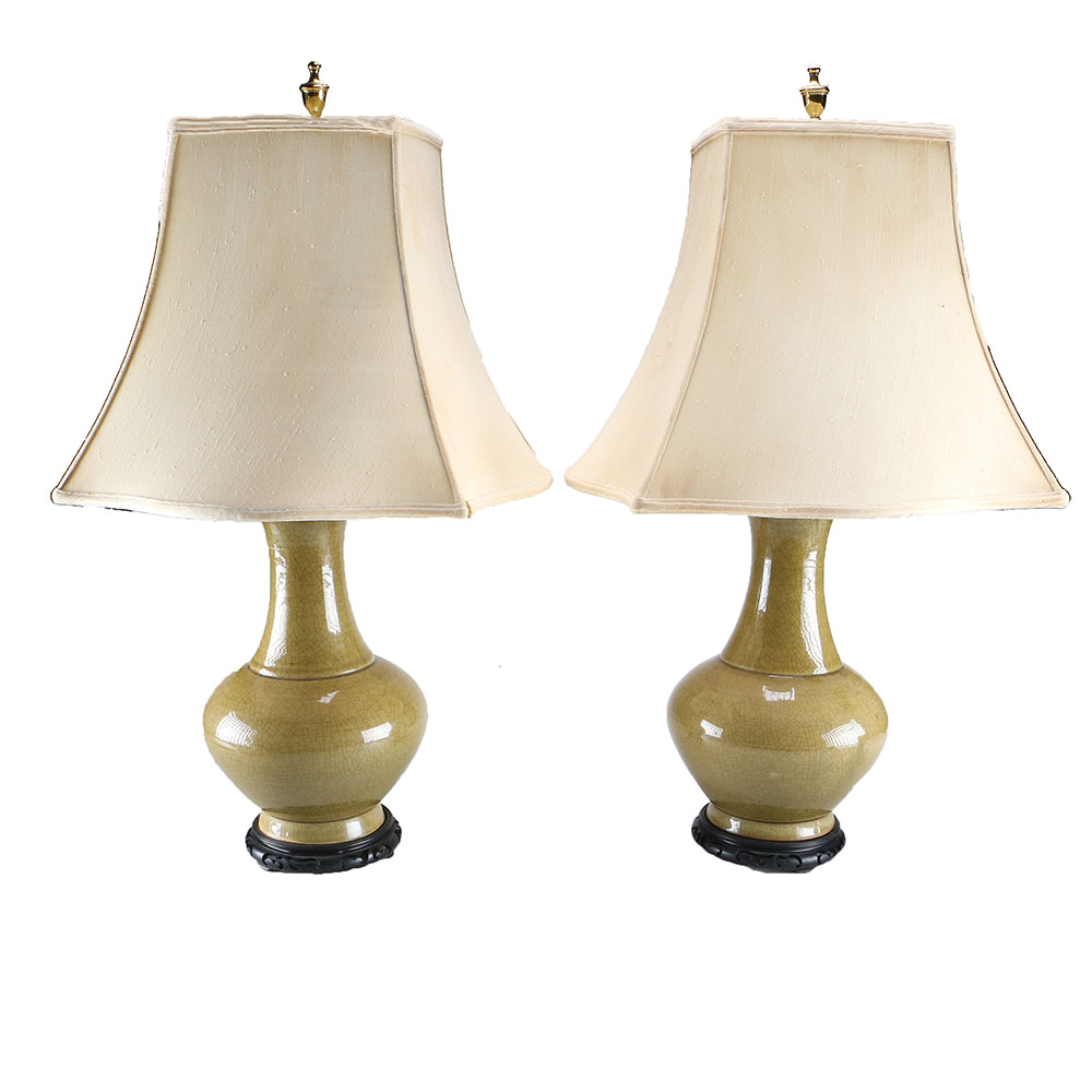 Pair Olive Green Ceramic Table Lamps