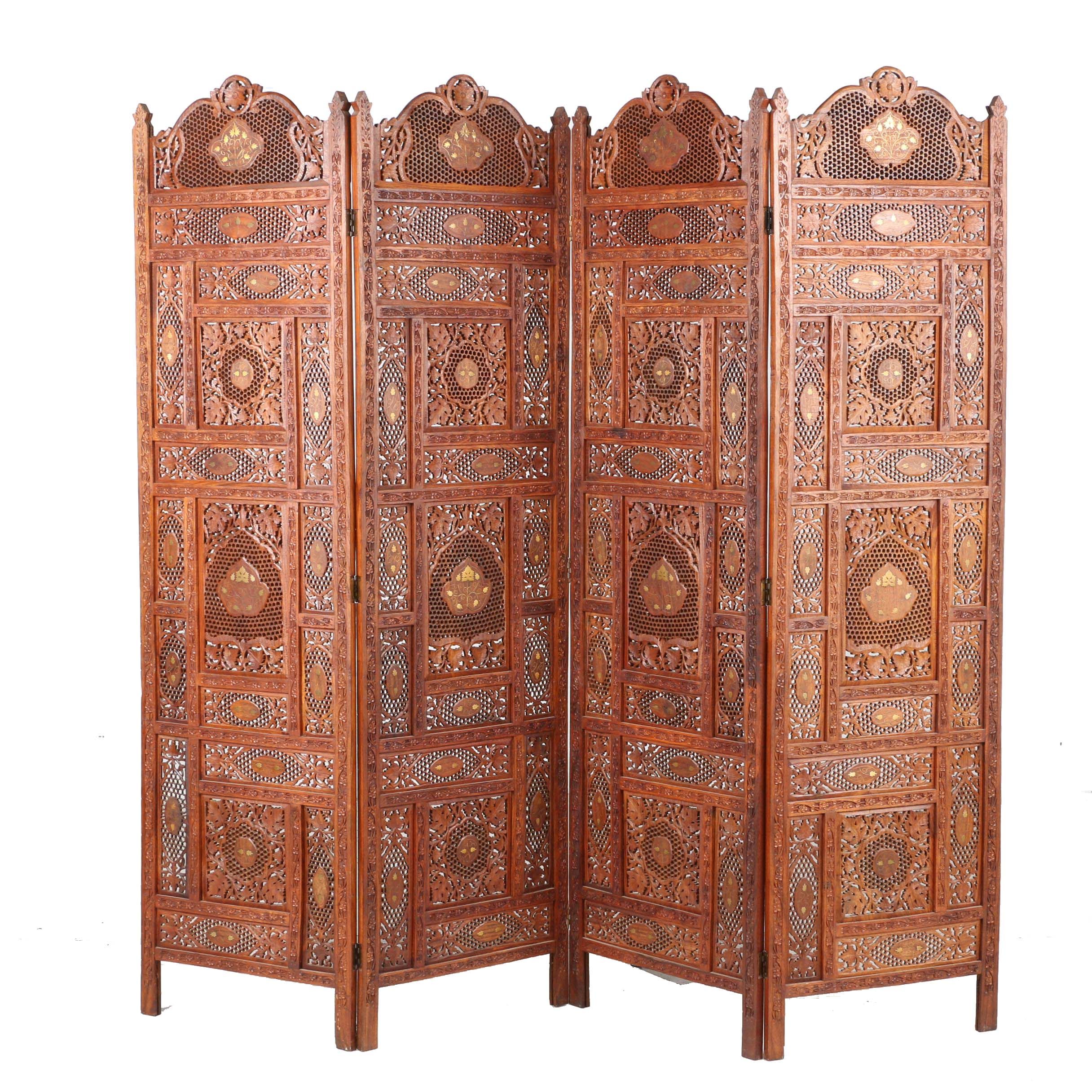 Teak Wood Folding Screen With Inlaid Bone Designs