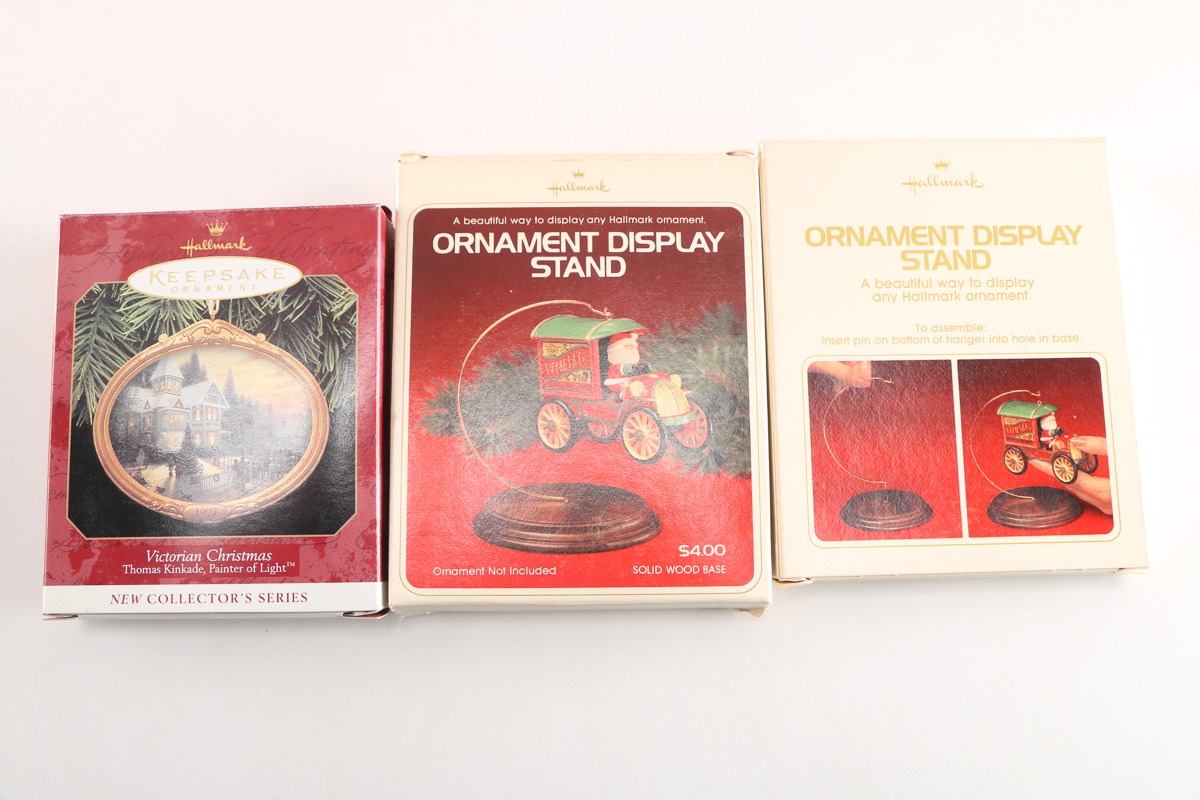 Collection of Ornament Displays and Thomas Kinkade Ornaments