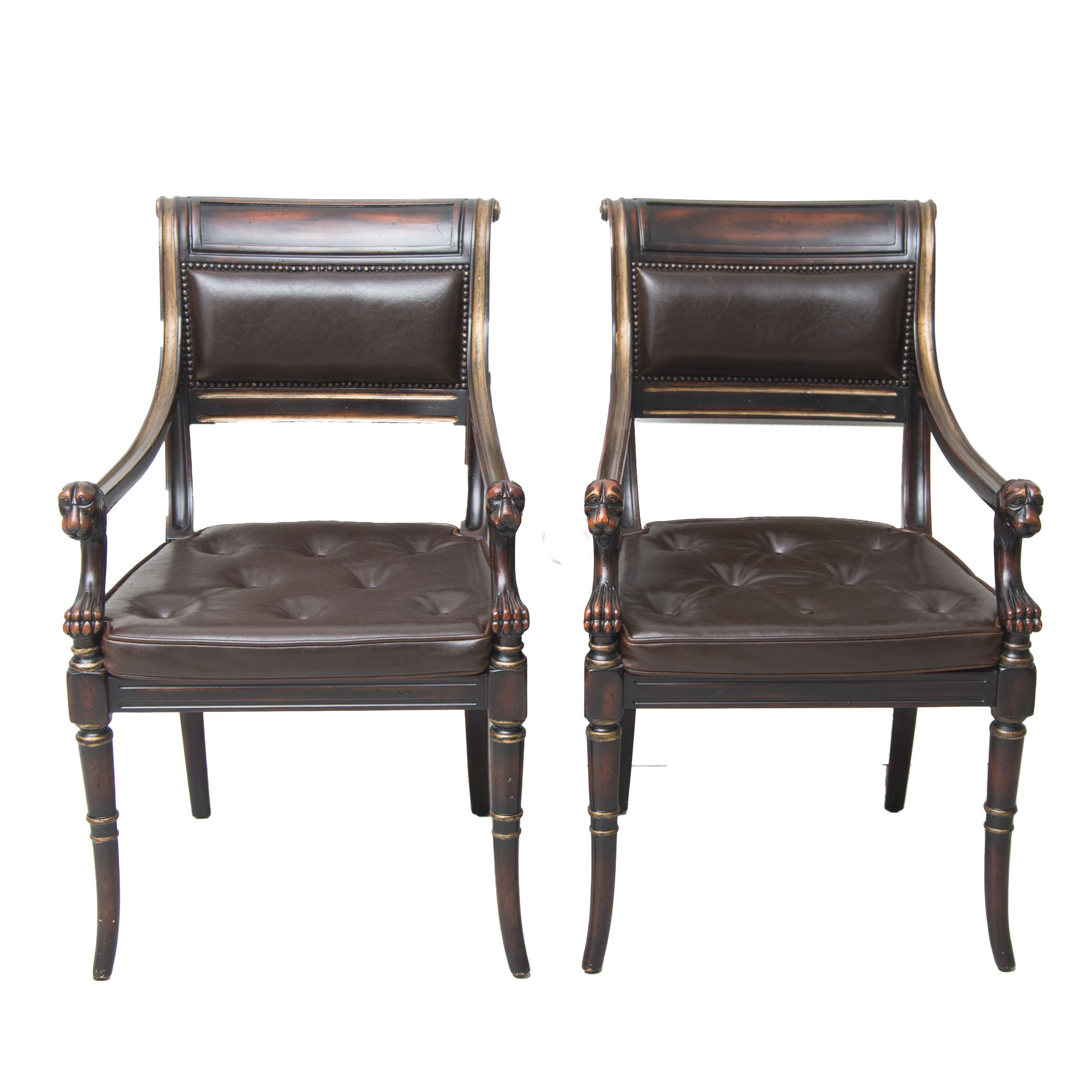 Pair of Louis XVI Style Leather Open Arm Chairs with Cane Seats