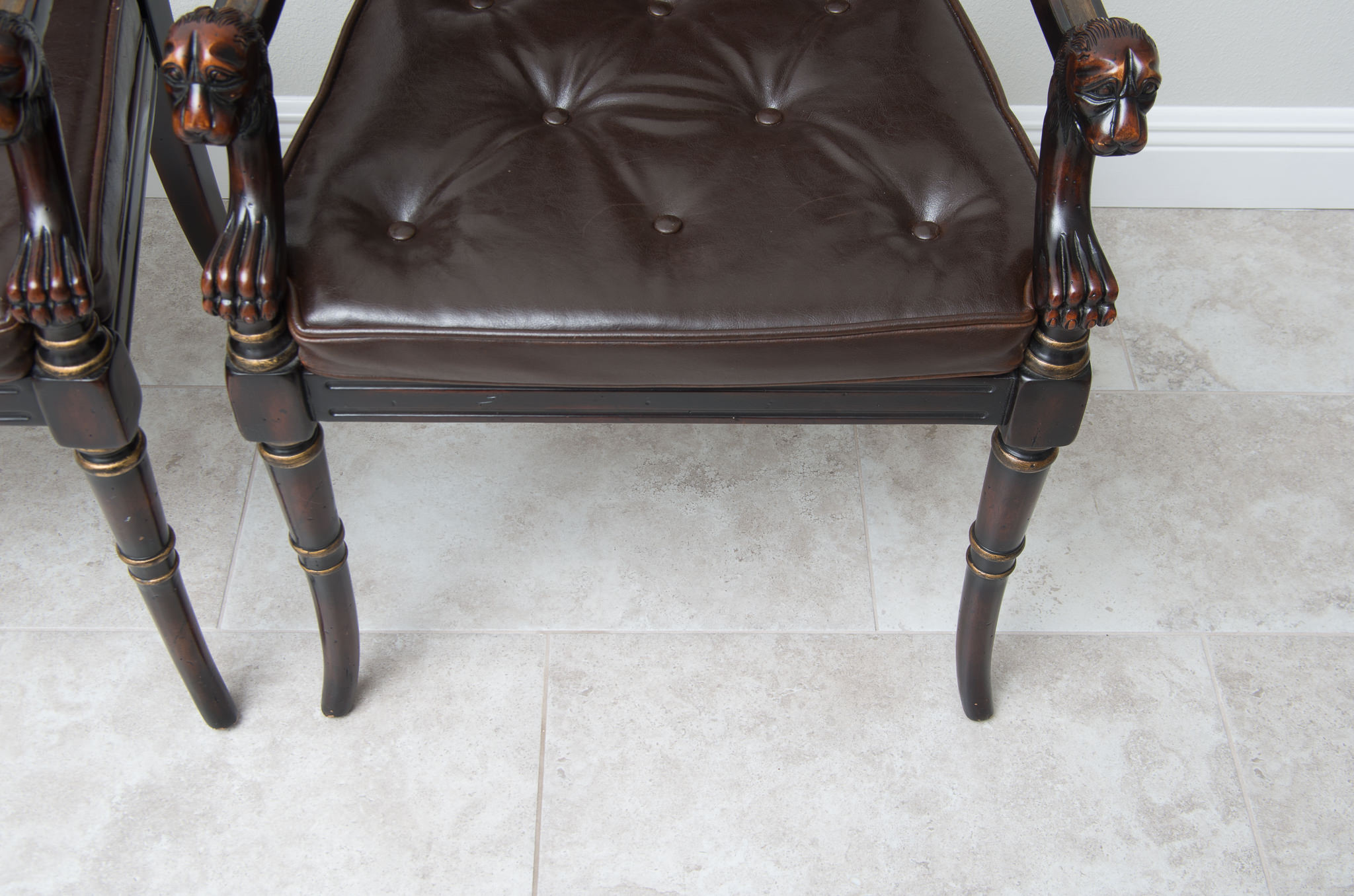 Pair of Louis XVI Style Leather Open Arm Chairs with Cane Seats