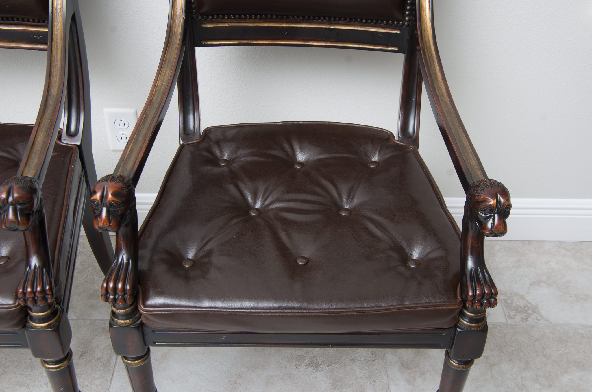 Pair of Louis XVI Style Leather Open Arm Chairs with Cane Seats