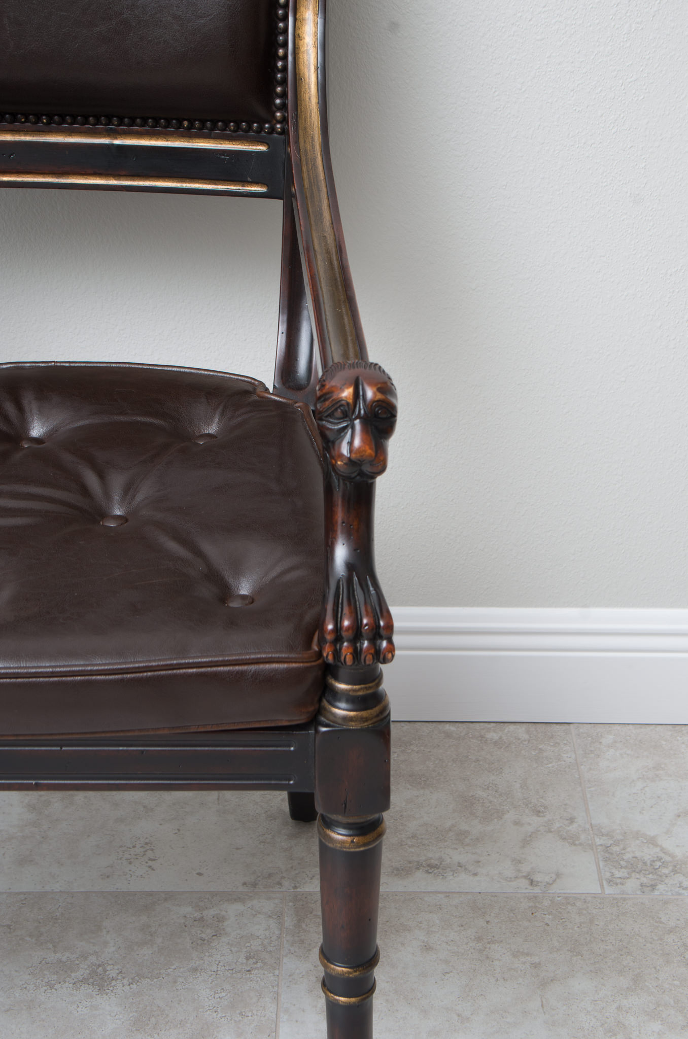 Pair of Louis XVI Style Leather Open Arm Chairs with Cane Seats